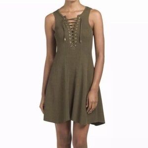 Torn By Ronny Kobe Lace Up Ribbed Olive Fit and Flare Dress